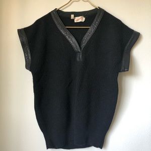 Vintage Leather Trim Wool Black Sweater Vest